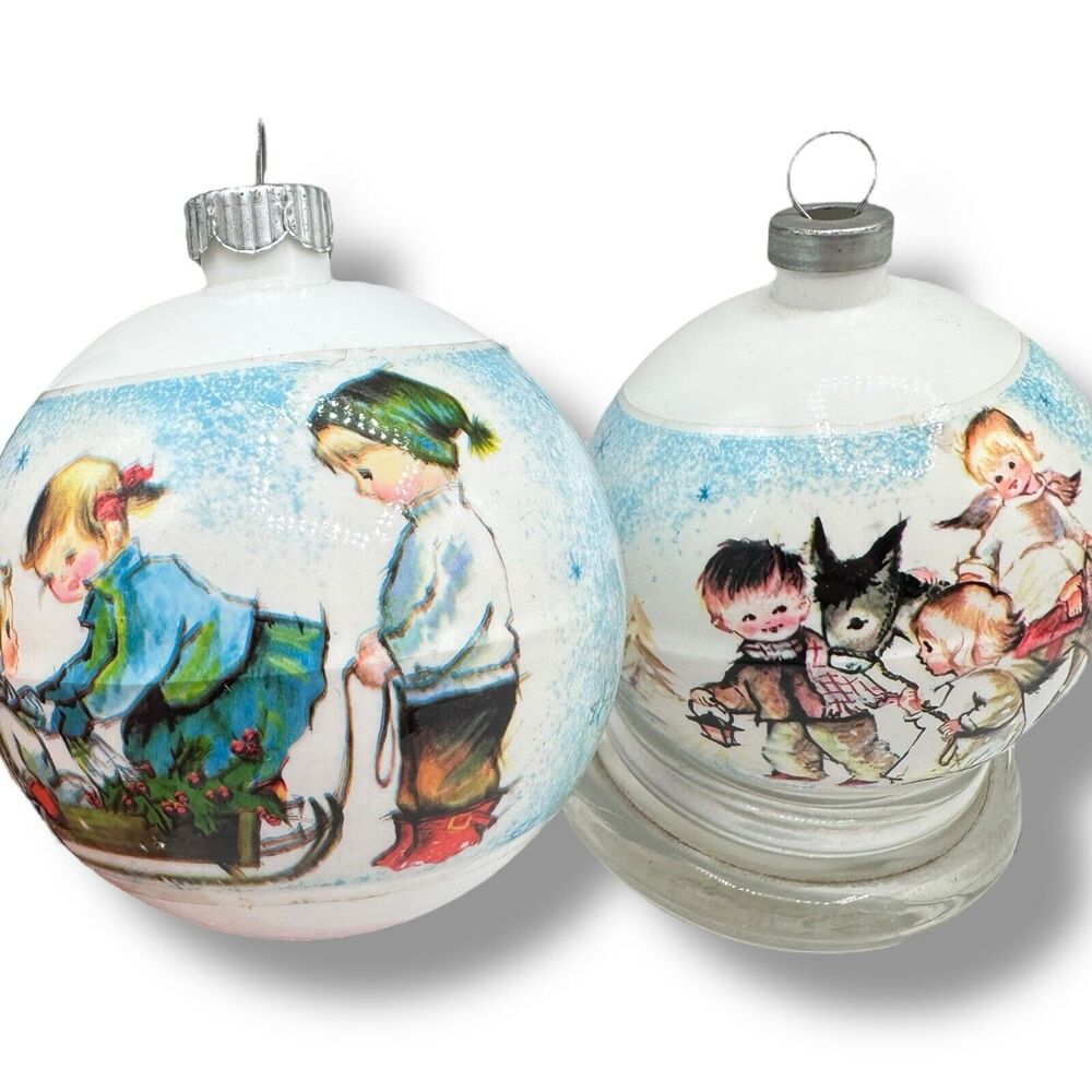 X2 Vintage Kitschy Shiny Brite Wrapped Plastic Christmas Ornaments Sled & Angels